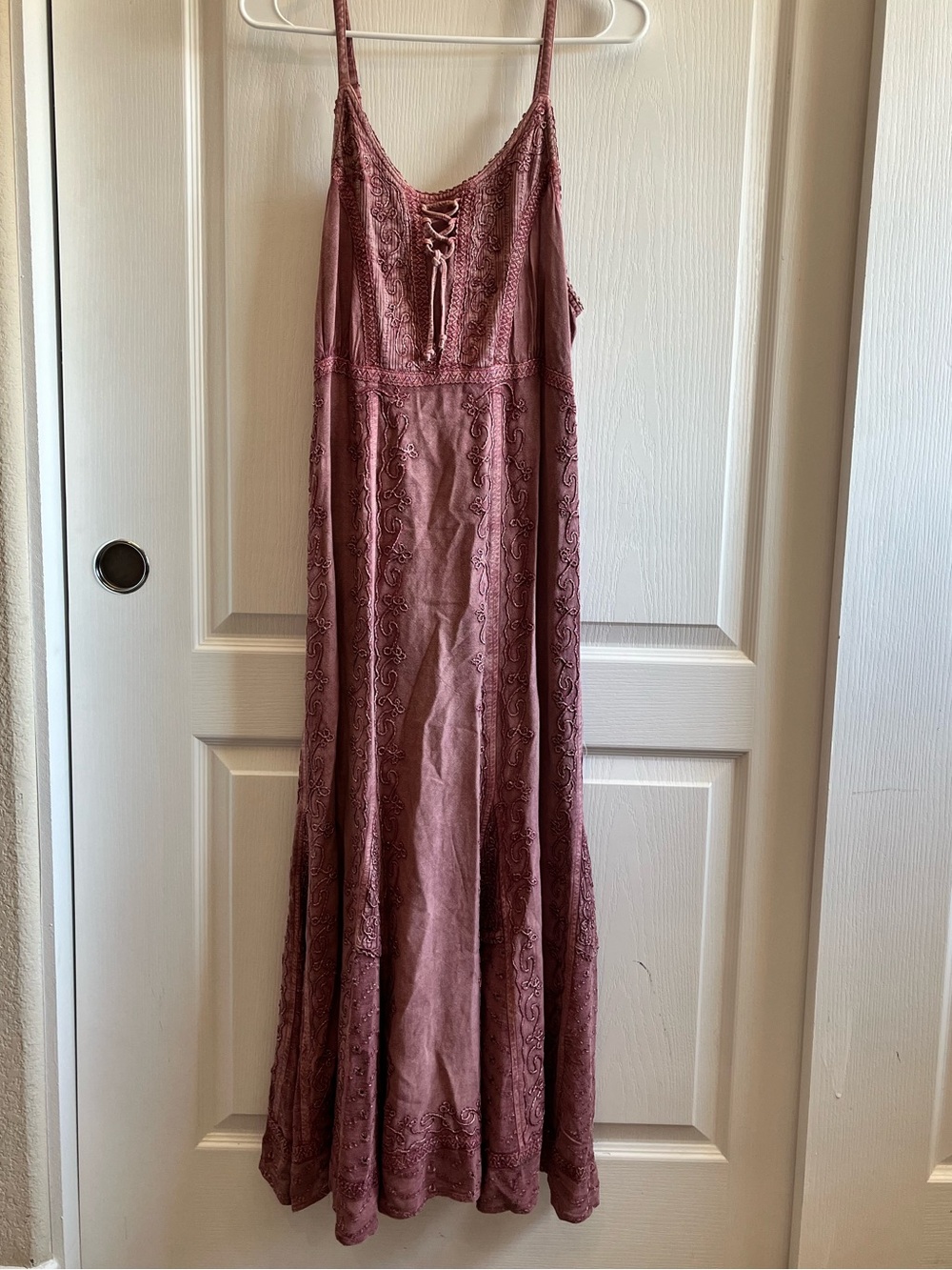 Cute Options Fairycore Boho Embroidered Lace Up Maxi Dress Mauve Pink XL - Picture 3 of 7